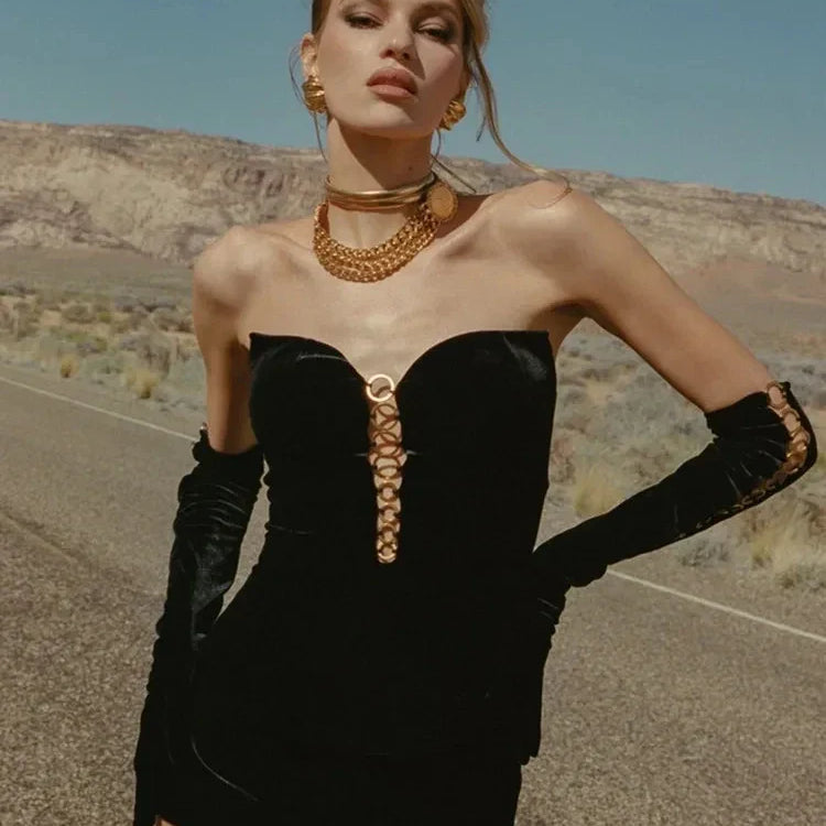 Luxury Women Winter Sexy Strapless Backless Circle Sequined Black Mini Skirt Set Elegant Evening Club Party Outfits black