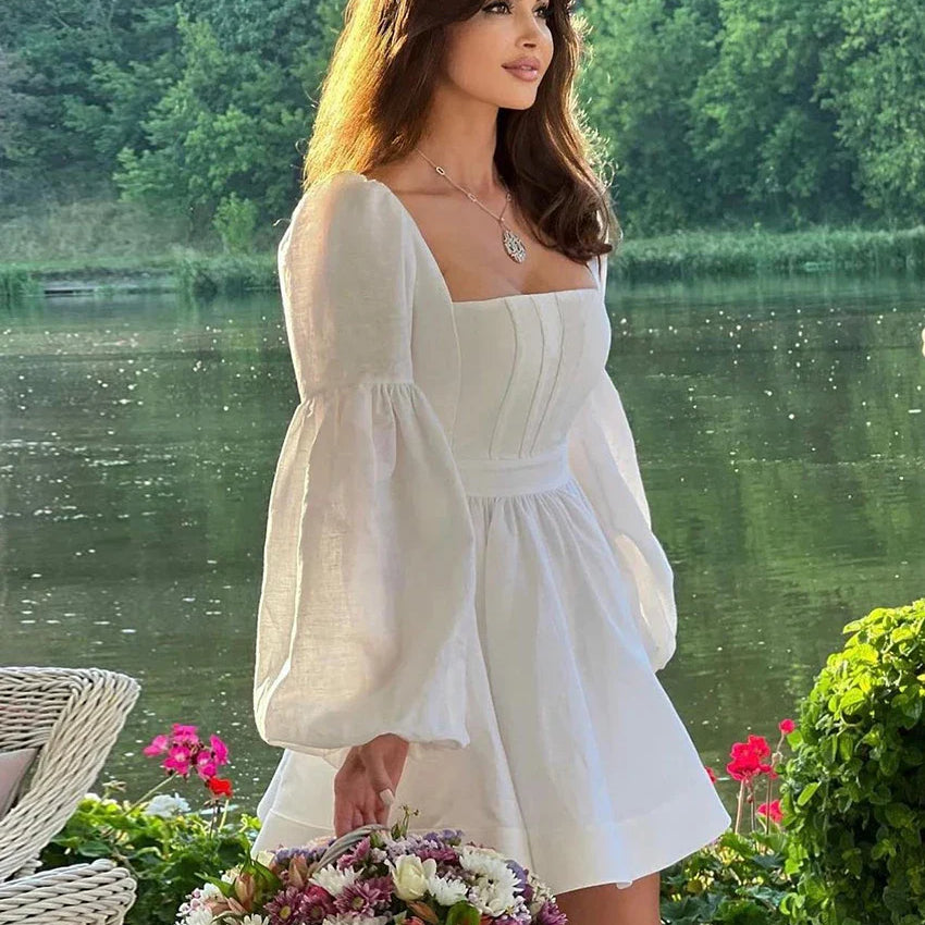 Clacive Sexy Slim White Cotton Dress Lady Fashion Sqaure Collar Puff Sleeve Mini Dress Elegant High Waist Dresses For Women 2024