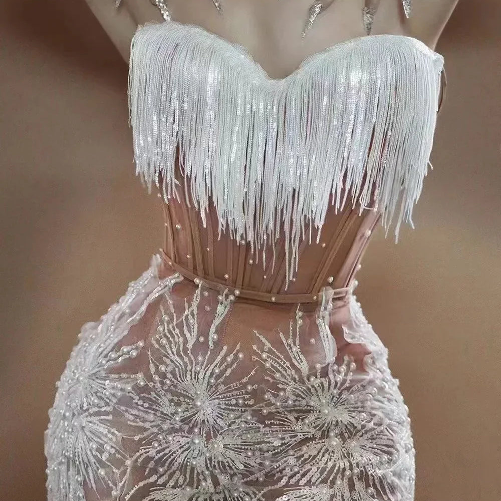 STOCK Women Sexy Off the Shoulder Shinning Sequins Tassels Bodycon Mini Dress 2 Pieces Celebrate Nightclub Performance Costume