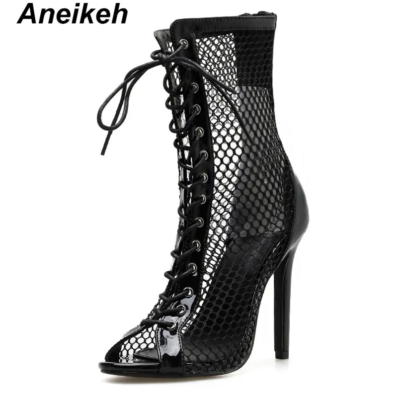Fashion Women Ankle Boots Hollow Out Mesh High Heels Shoes Woman Lace-Up Open toe Sexy Sandals Boots Mujer Black White