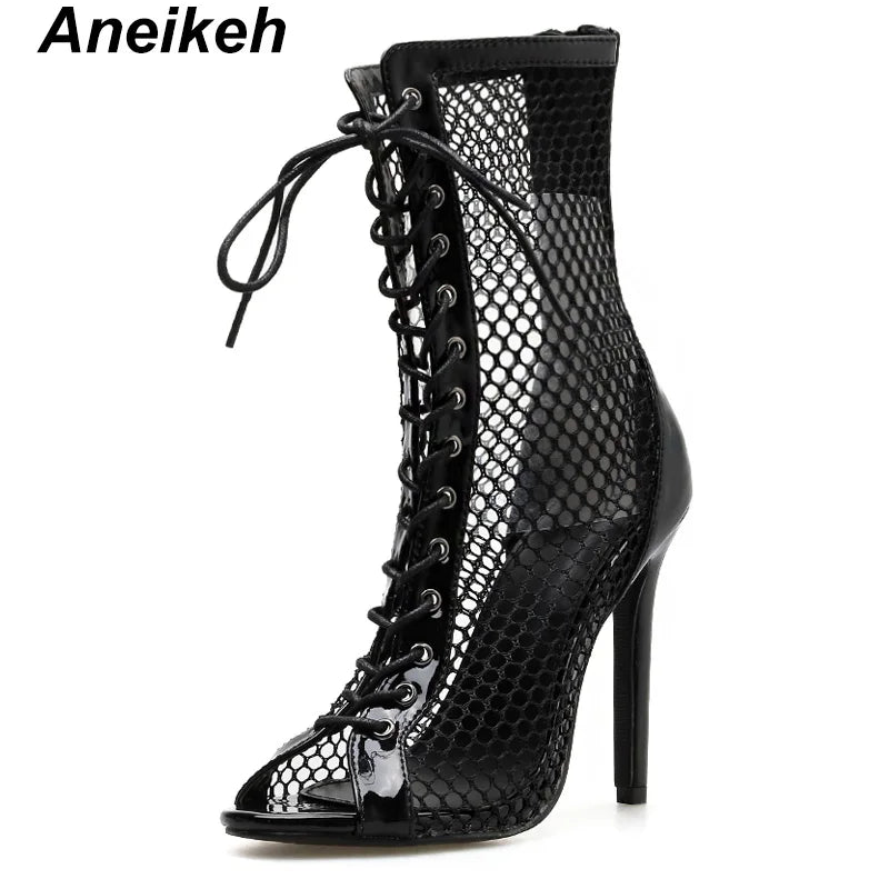 Fashion Women Ankle Boots Hollow Out Mesh High Heels Shoes Woman Lace-Up Open toe Sexy Sandals Boots Mujer Black White