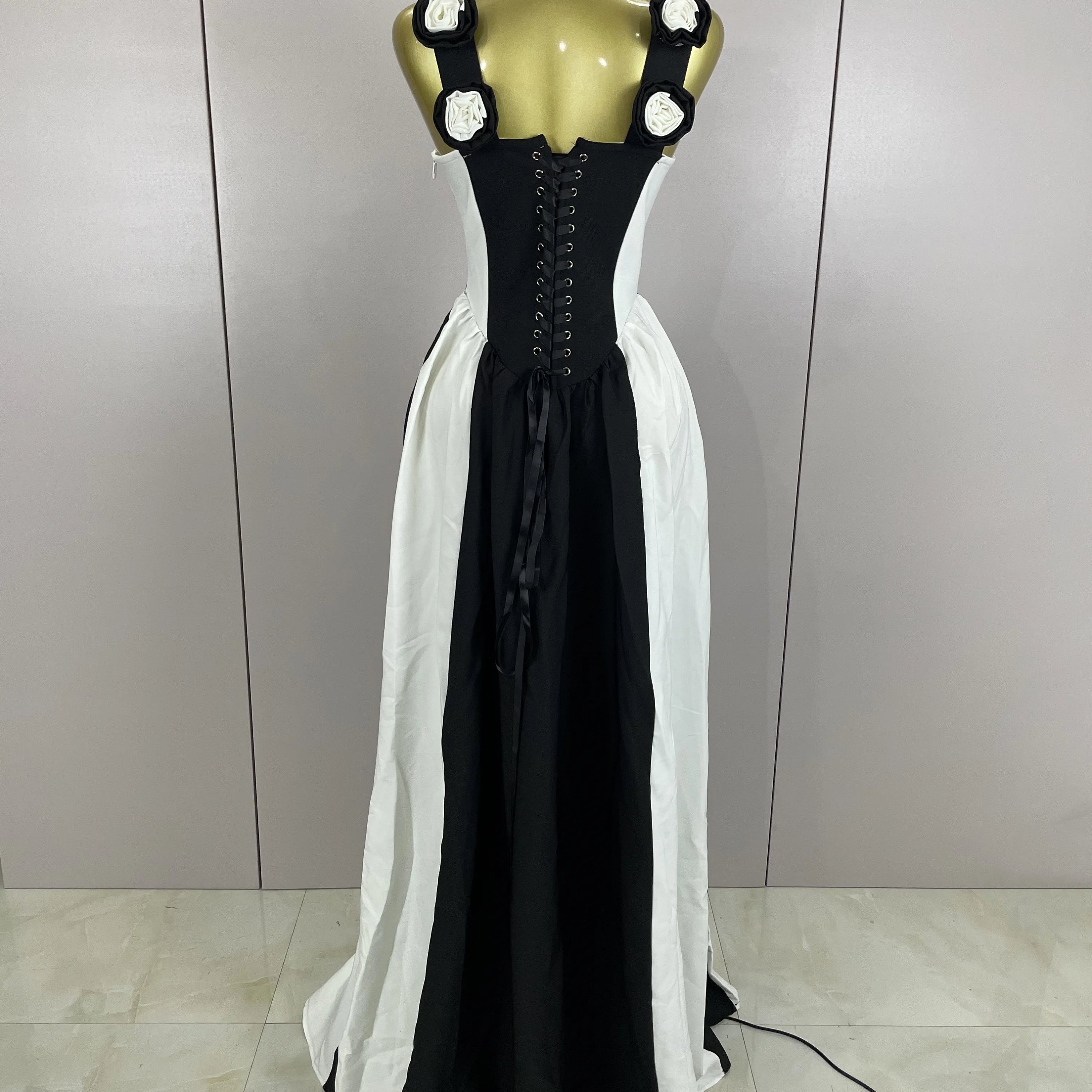 Sexy Black White Flower Stripe High fork Sleeveless Bandage Long Dress 2025 New Women Vacation Party Elegangt Party Club Dresses