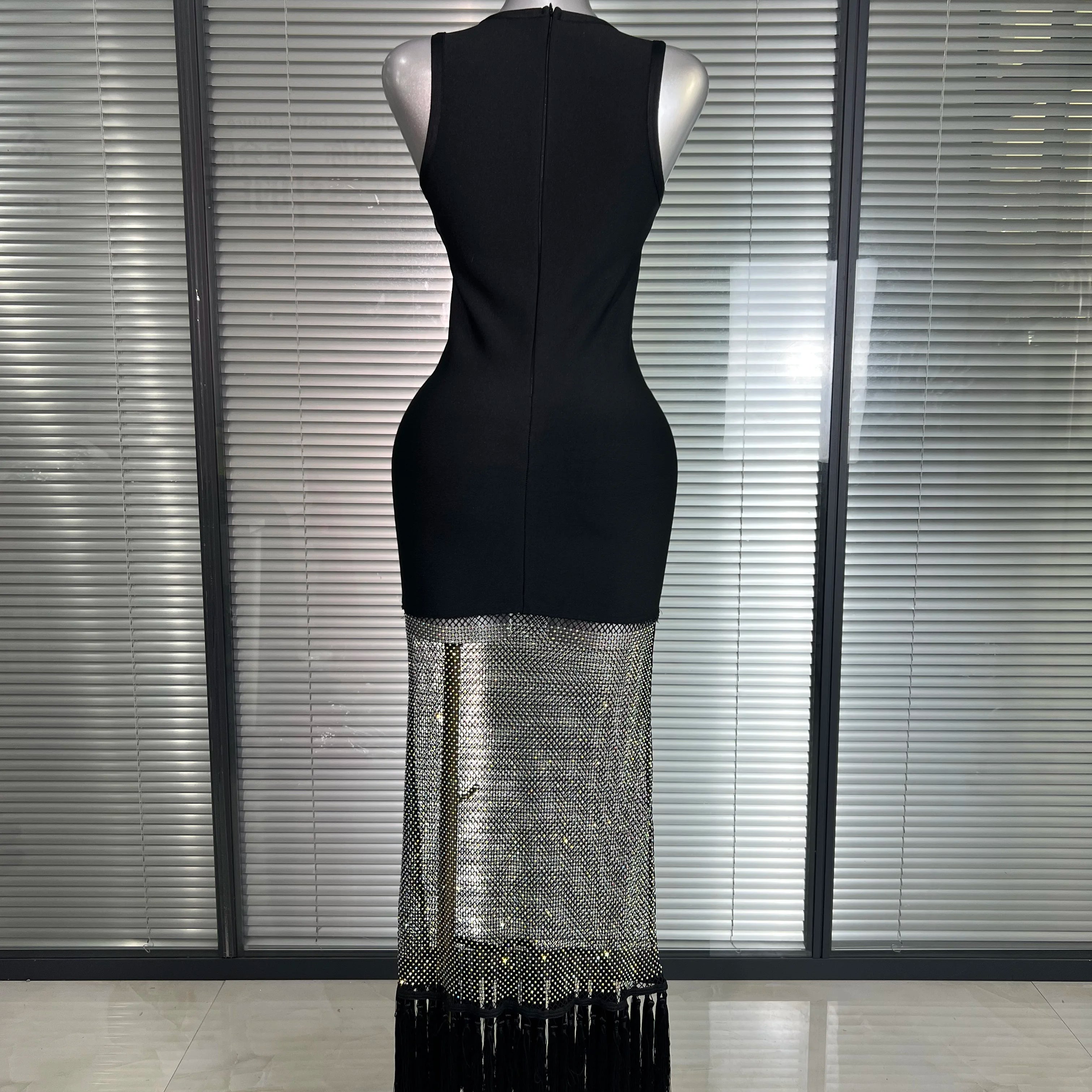 Summer New 2025 Women Black Tank Long Bodycon Bandage Dress Sparkly Shining Evening Party Dress Vestido