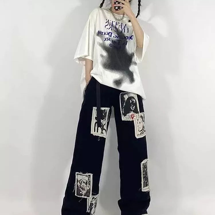 Grunge Punk Patchwork Black Jeans Women Hip Hop Streetwear Print Oversize Wide Leg Trousers 90s Vintage Fashion Pants