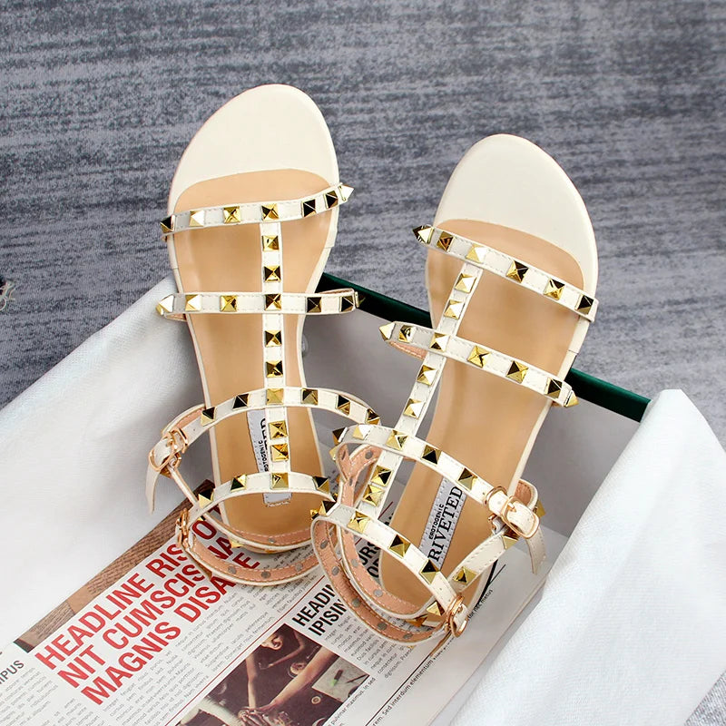 summer women's sandals ladies casual flat shoes simple style Fashion rivet design walking and shopping Large size 41-43