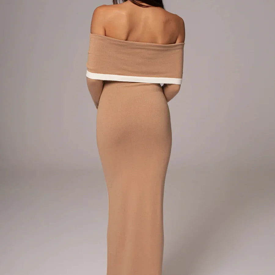 Vestido longo feminino, preto, marrom, manga longa, sexy, decote em V, ombro de fora, colado, bandagem, para festa à noite