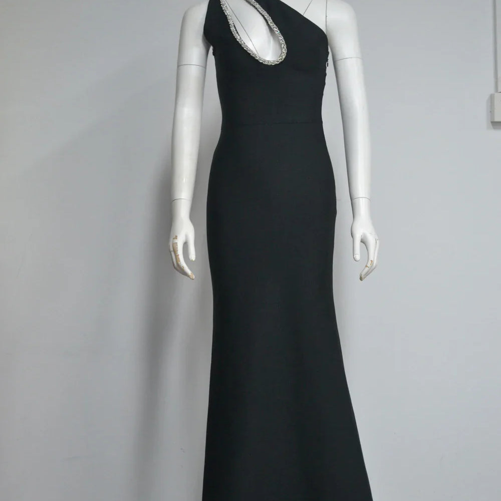 Black White Color Women Sexy One Shoulder Shinning Diamond Keyhole Bodycon Long Bandage Dress Celebrate Evening Party Outfit