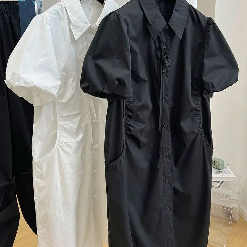 Loose Drawstring White Lantern Short Sleeve Shirt Dress Vestidos Elegantes Para Mujer Maxi Single Breasted Women es