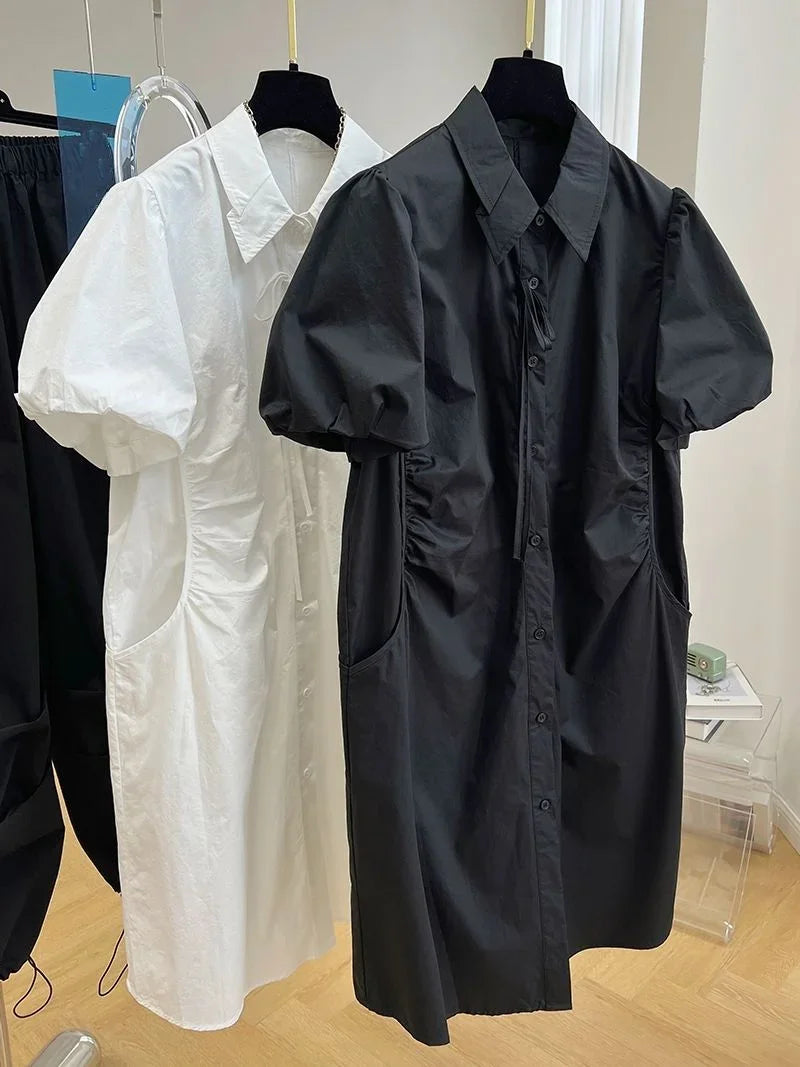 Loose Drawstring White Lantern Short Sleeve Shirt Dress Vestidos Elegantes Para Mujer Maxi Single Breasted Women es