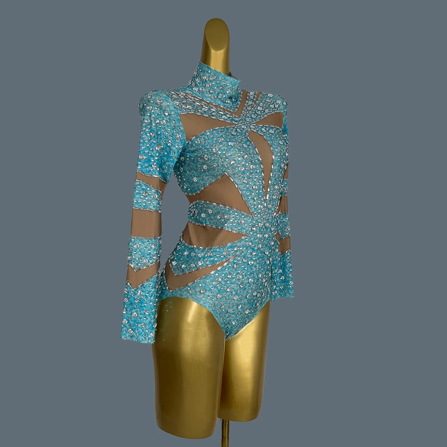 Blue Crystal Rave Festival Outfits Pole Dancers Costume Female Bodycon Bodysuits Women Stage Performance Short Jumpsuit Jixue