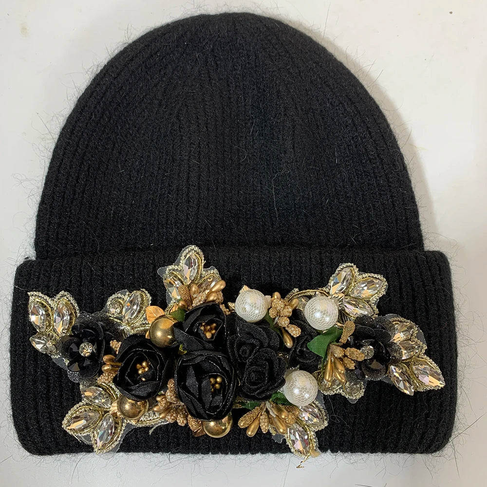 Casual Outdoor Warm Ear Protection Skiing Knitted Cap Luxury Winter Women Beanie Hat Crystal Rabbit Fur Knitted Hat for Women black