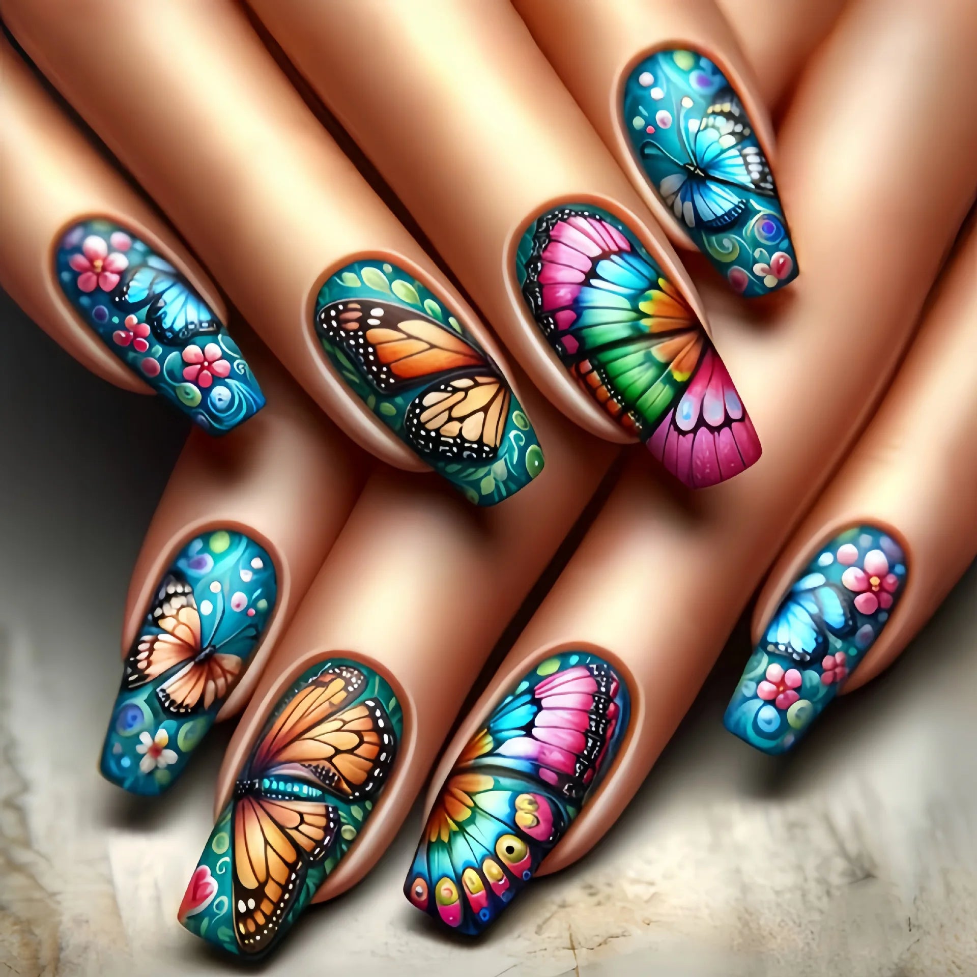 24Pcs Fashion French Fake Nails Colorful Glitter with Butterfly Patterns Medium Square False Nail Art Wearable Acrylic Nail Tips