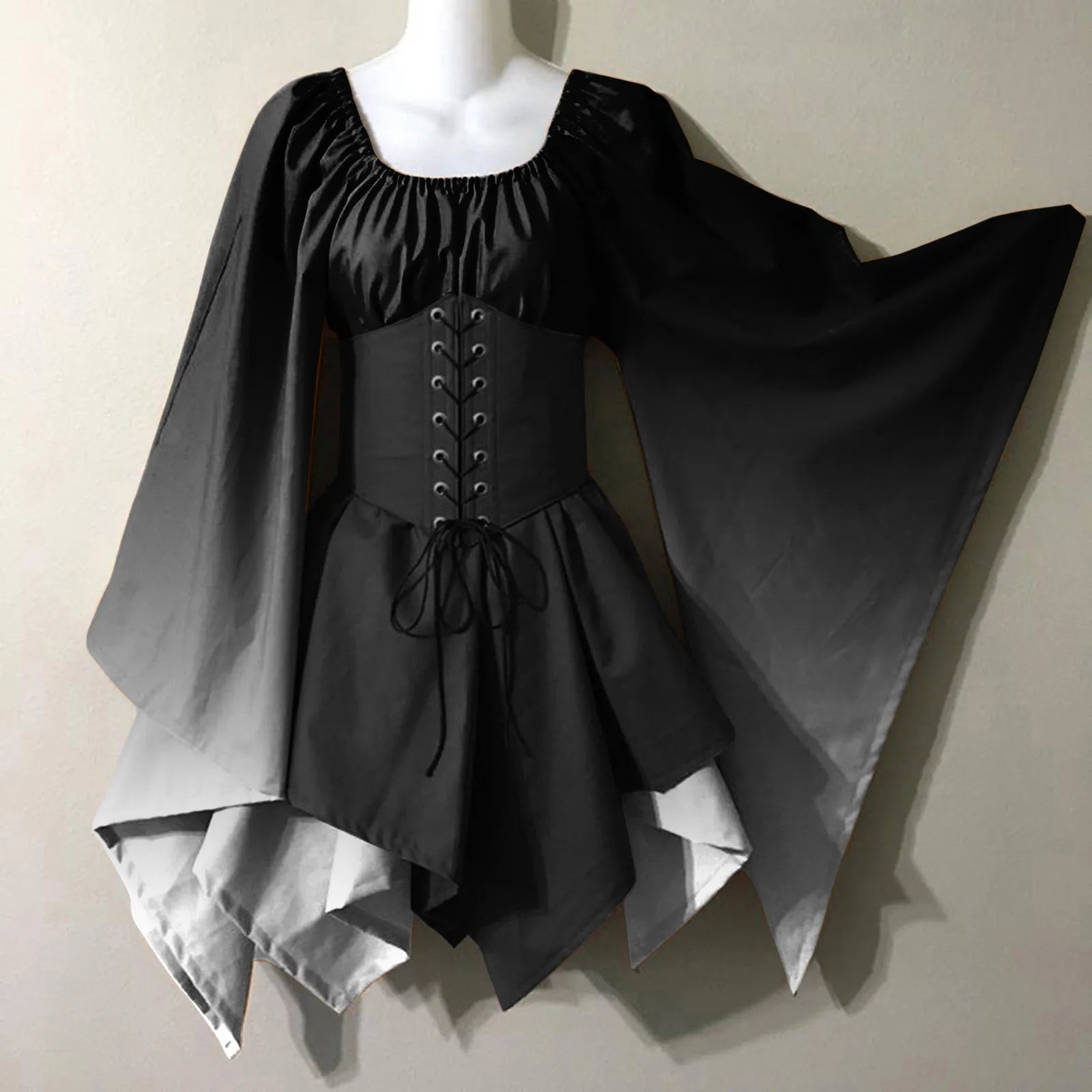 Medieval Costume For Womens Trumpet Sleeve Irish Shirt Dress With Corset Traditional Dress Halloween Women Mature Womens Dresses Black
