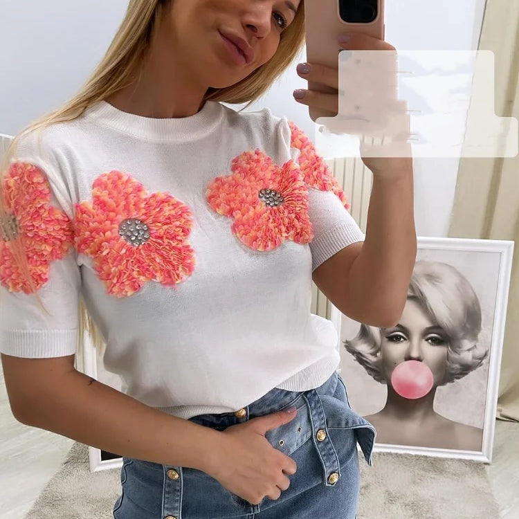 Fashion Women 3D Flower Knitted Sweater Elegant Lady O Neck Short Sleeved Pullover Tops Chic Female Commute Street Outfits White Pink