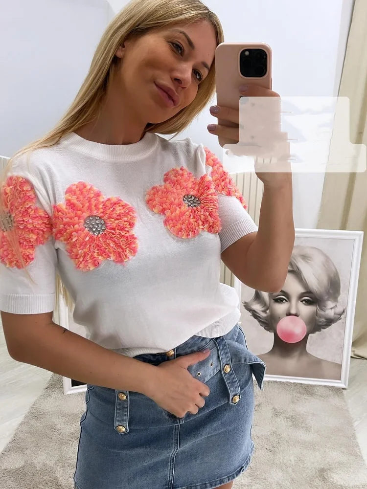 Fashion Women 3D Flower Knitted Sweater Elegant Lady O Neck Short Sleeved Pullover Tops Chic Female Commute Street Outfits White Pink