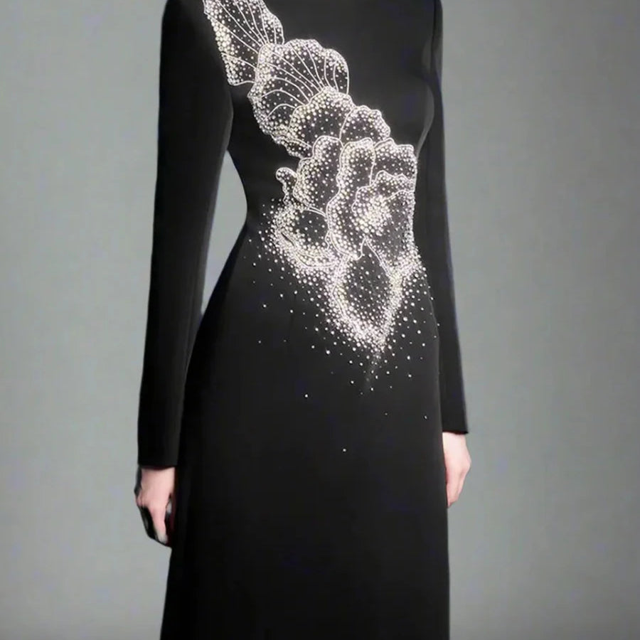 TWOTWINSTYLE Solid Spliced Stick Drill Elegant Dresses for Women Round Neck Long Sleeves Temperamnet Dress Female Fashion New