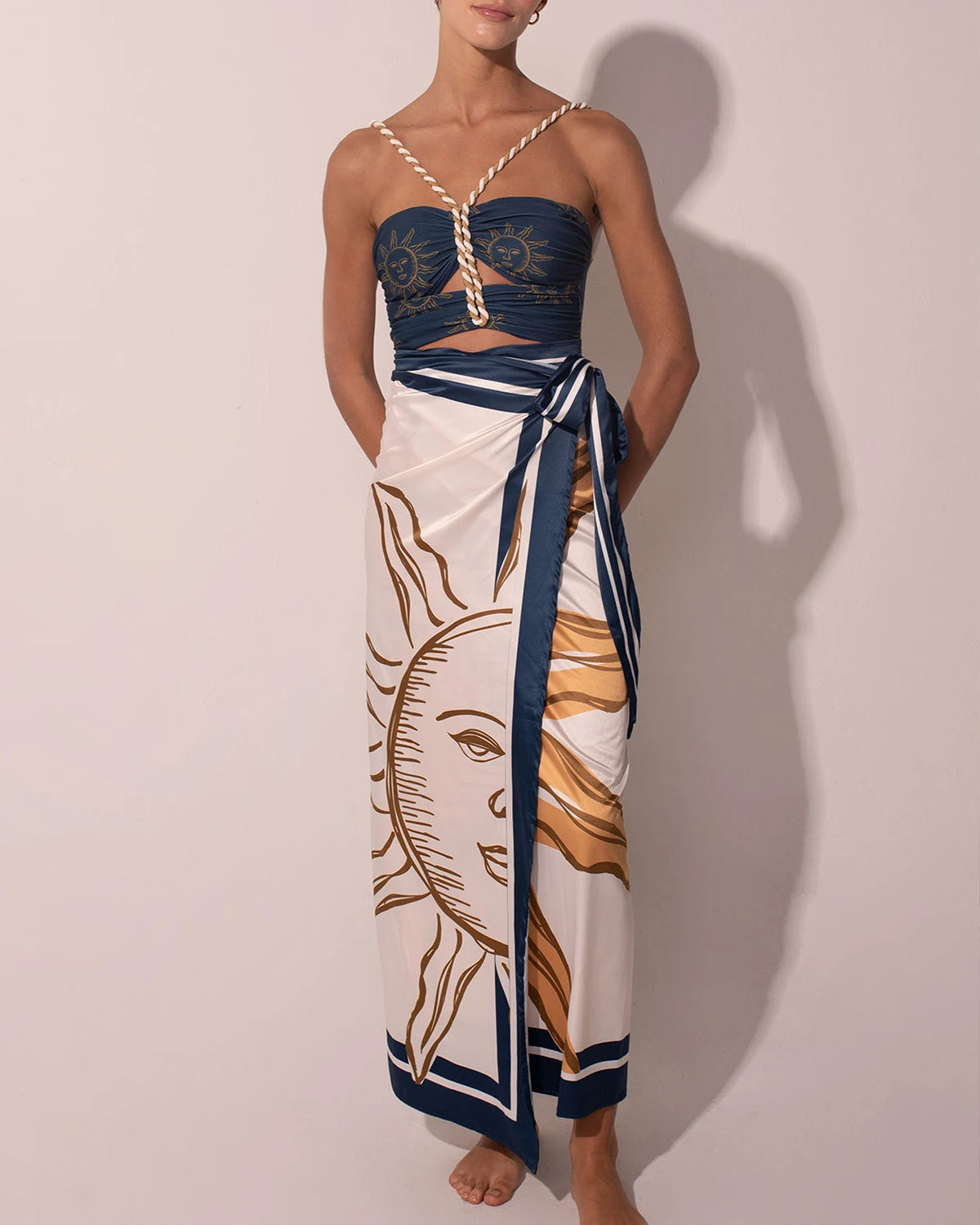 Fashion Blue Sexy Vintage Women's Swimwear Sun Printed Featured Design Hollow Out One Piece Bikini With Long Skirt 2024 Seaside