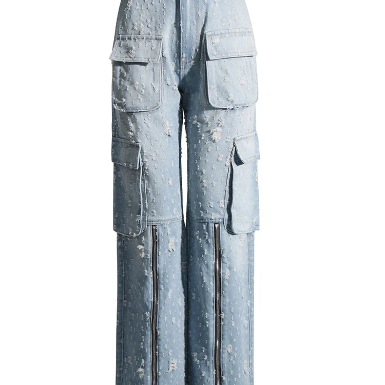 Solid Patchwork Pockets Casual Denim Trousers For Women High Waist Spliced Zipper Streetwear Wide Leg Jeans Female Fashion