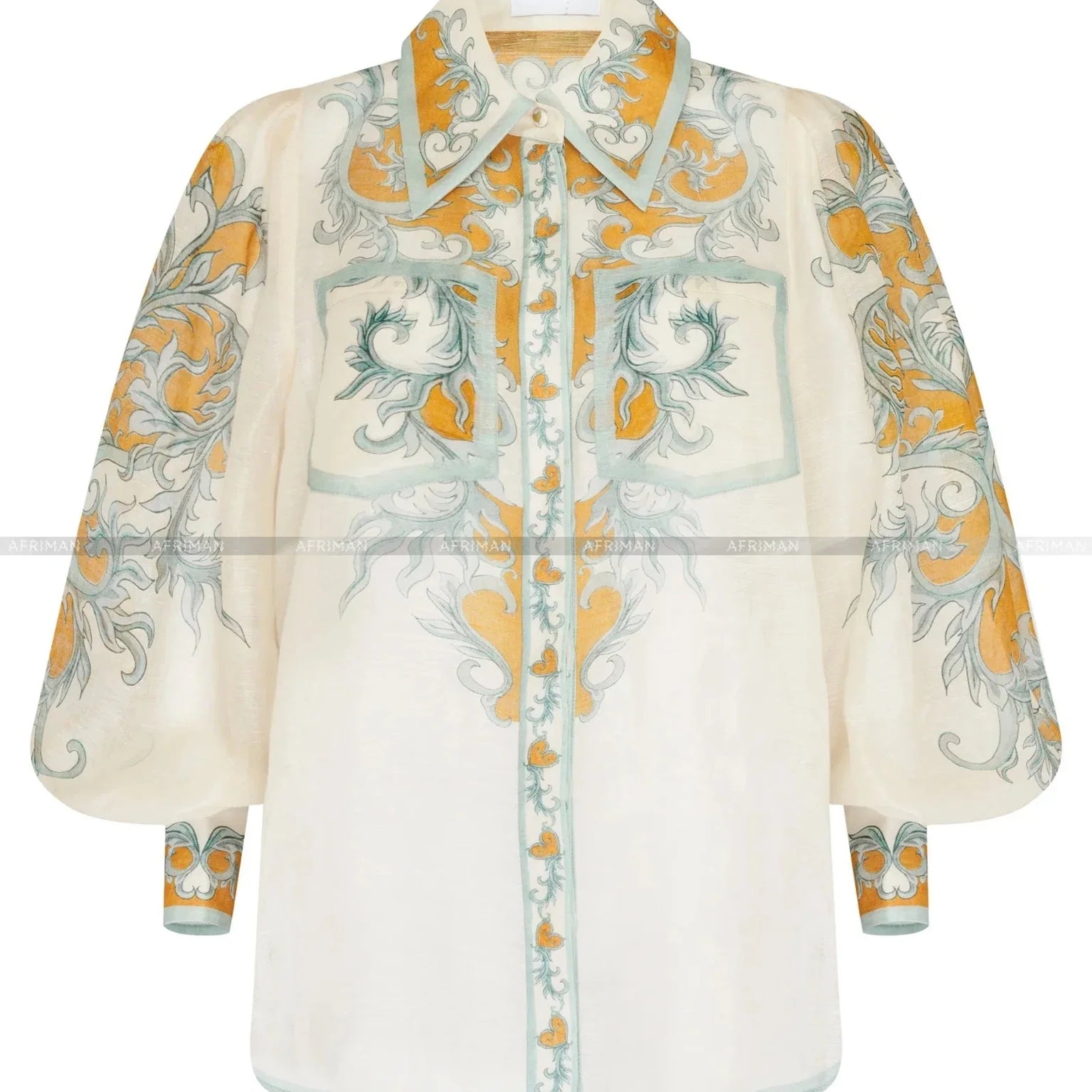 Women Position Printed Lantern Sleeve Lapel Loose Linen Shirt + Pleated Buttocks Wrapped Short Skirt Set top