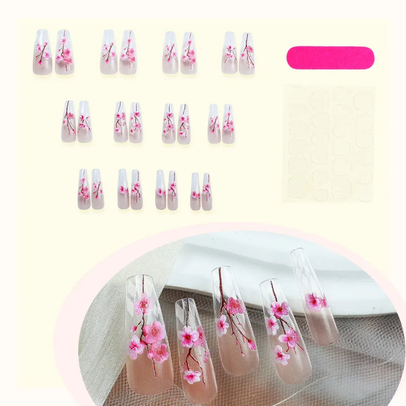 24pcs National Style Plum Blossom Painting 2D Flower Press on Nails Diamond Shape Simple Nails Full Cover Wearable False Nails