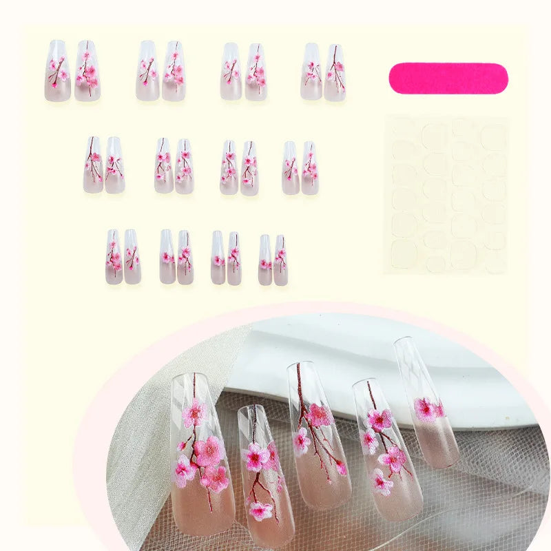 24pcs National Style Plum Blossom Painting 2D Flower Press on Nails Diamond Shape Simple Nails Full Cover Wearable False Nails