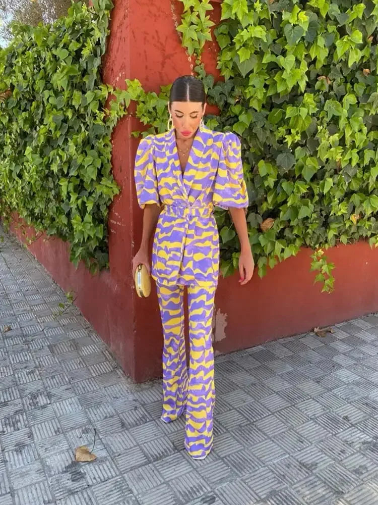 Wave Striped Print Blazer Pants Set For Women Loose Lapel Puff Short Sleeve Coat Suit New Elegant Female High Street Outfit