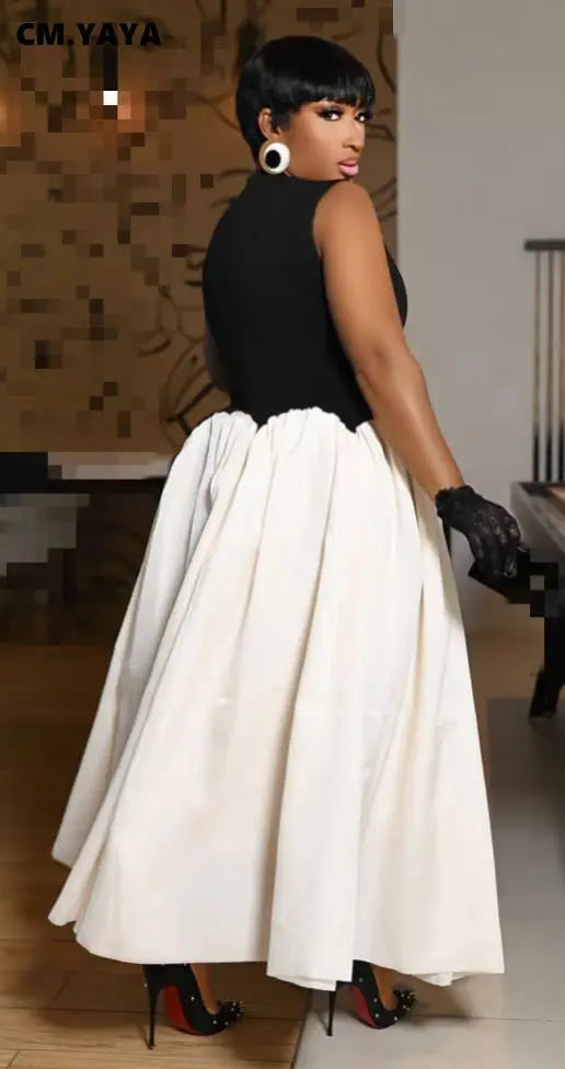 CM.YAYA Summer Elegant Sleeveless Sweet O-Neck Patchwork Long Women Dress Beach Party Evening Sexy Pleated Big Swing Dresses