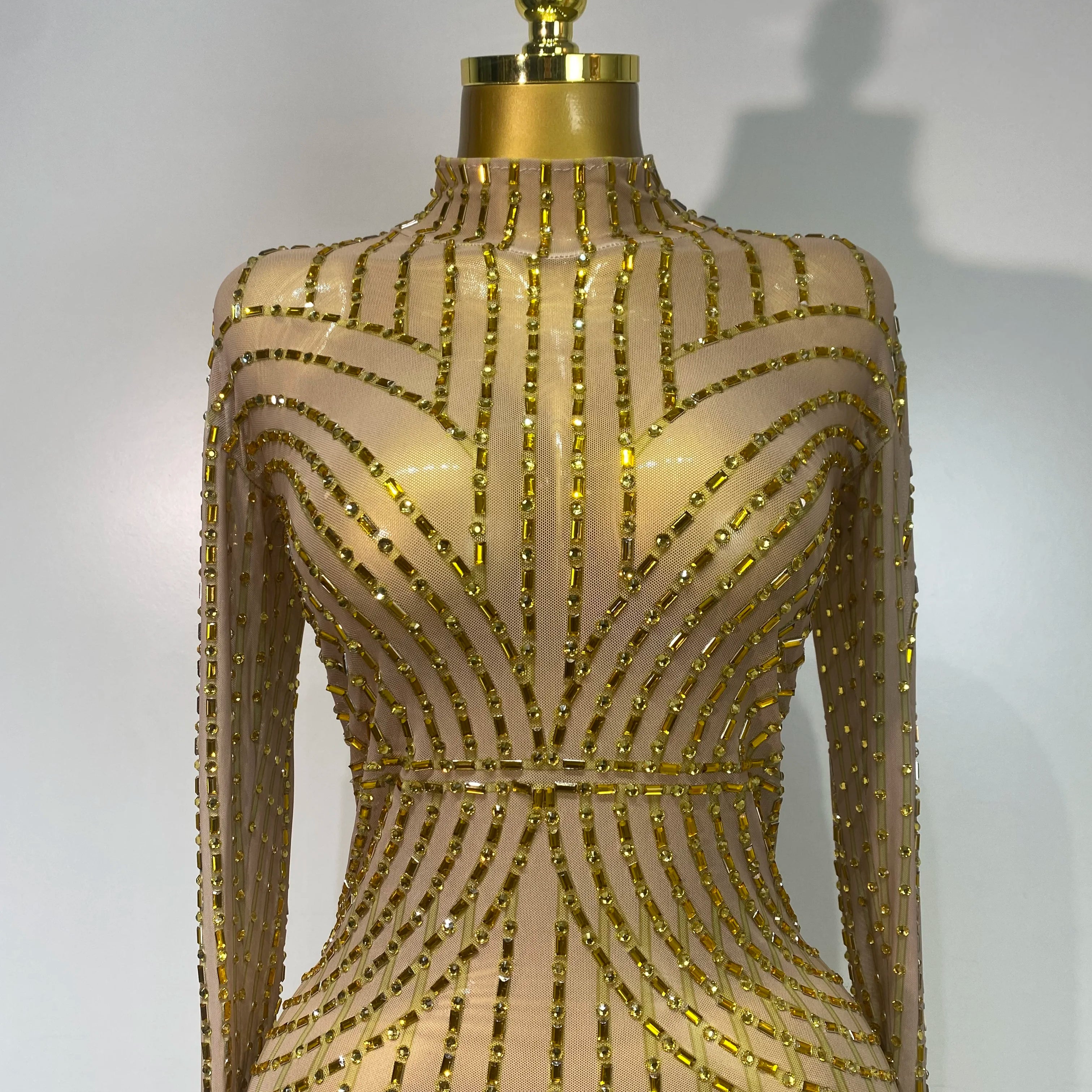 Sexy Long Sleeve Mesh See Through Gold Silver Maxi Dress Evening Party Singer Costume Stage Performance Luxury Birthday Dress