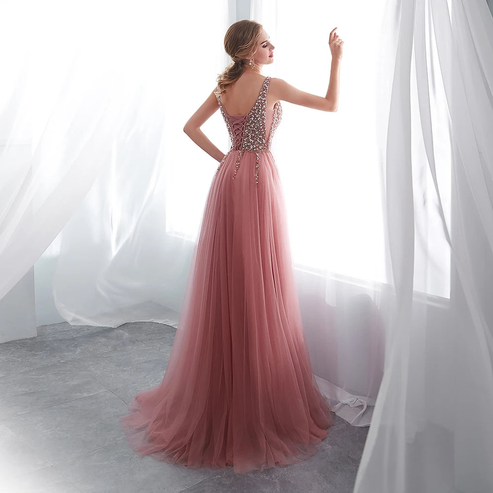 Beading Prom Dresses Sexy Pink High Split Tulle Sweep Train Sleeveless Evening Gown A-line Lace Up Backless Vestido De