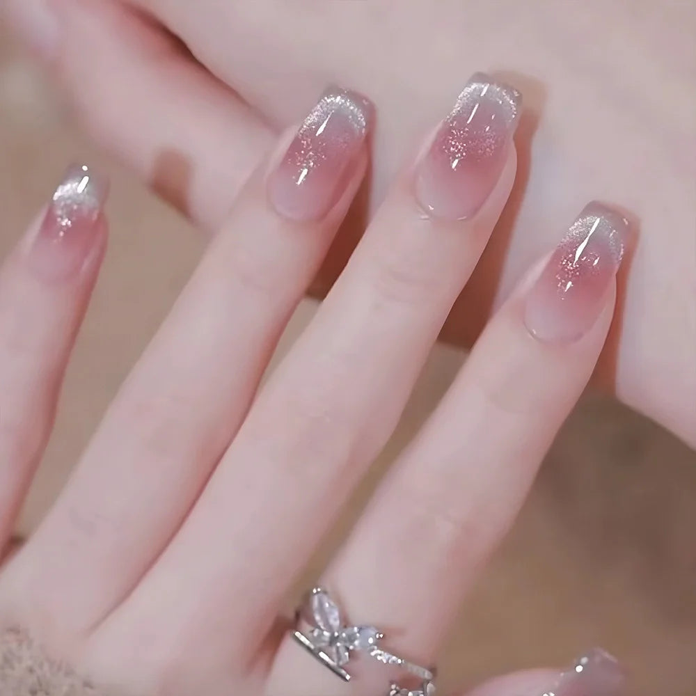 24Pcs  Gradient Color Fake Nail Simple Short Ballet Wearable False Nails with Cat Eye Design Press on Nails Full Cover Nail Tips