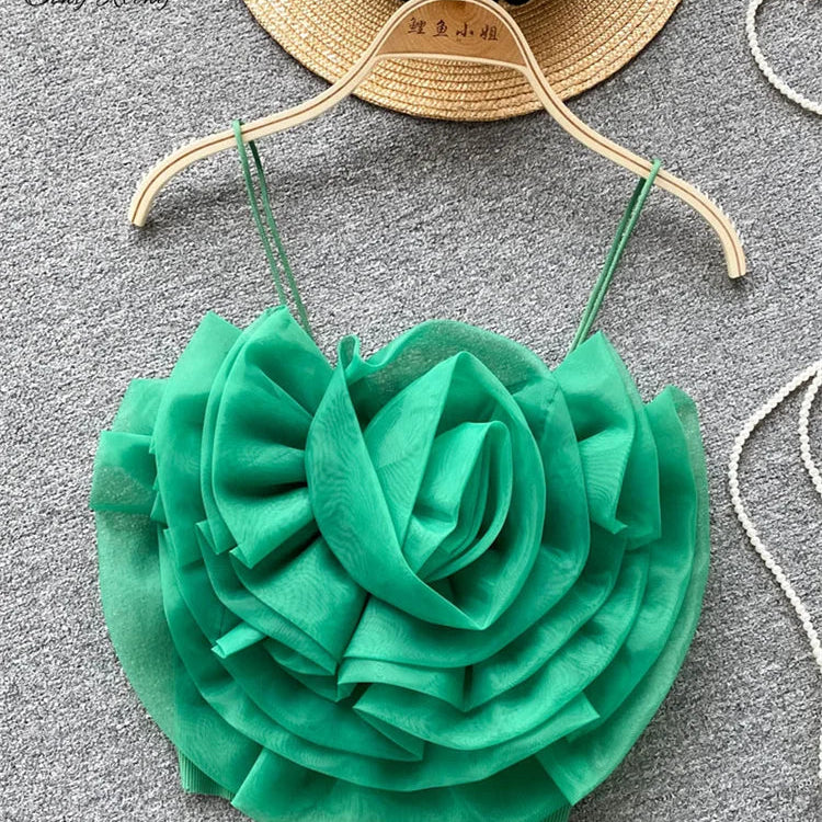 SINGREINY Female 3D Flowers Vacation Style Sexy Camis Summer Design Sheath Tops Women Solid Slim Short Streetwear Beach Camisole green One Size