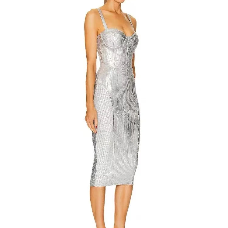Foil Silver Color Women Sleeveless Sexy Strap Square Collar Bodycon Midi Bandage Dress Celebrate Nightclub Party Dress Vestido