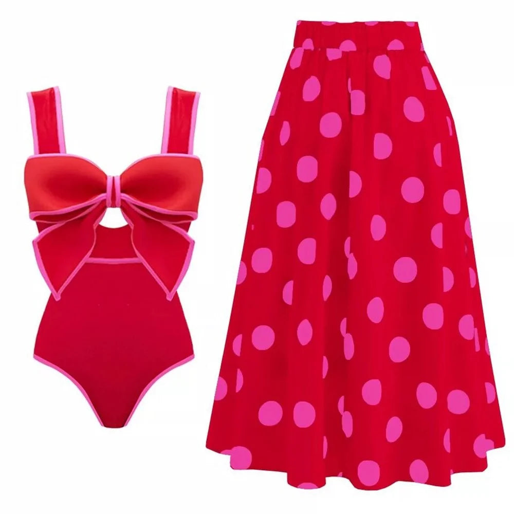 One Piece Swimsuit with Maching Midi Skirt Skirt for Women New Swimwear Female Bow Tie Decor Monokini Beach Bathing Suit 1