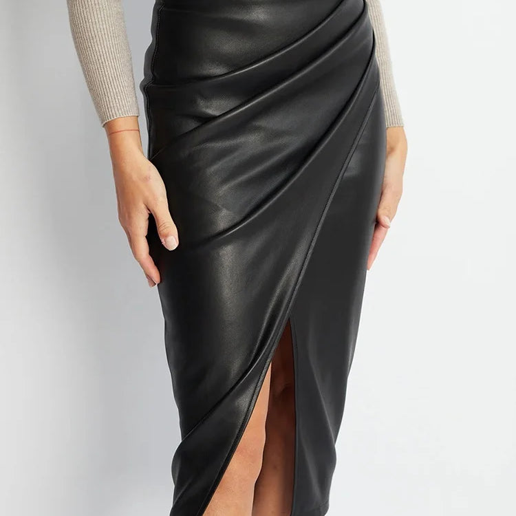 Women Leather Skirt Midi High Waist Elegant Autumn Zipper PU Front Slit Skirts Ladies Black Faux Leather Folded Skirt For Women