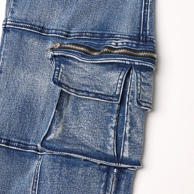 Solid Patchwork Pockets Casual Denim Trousers For Women High Waist Spliced Button Streetwear Loose Cargo Jeans Female New