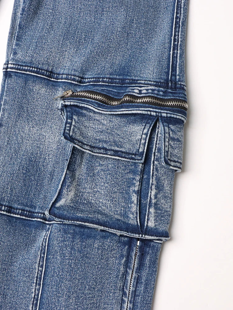 Solid Patchwork Pockets Casual Denim Trousers For Women High Waist Spliced Button Streetwear Loose Cargo Jeans Female New