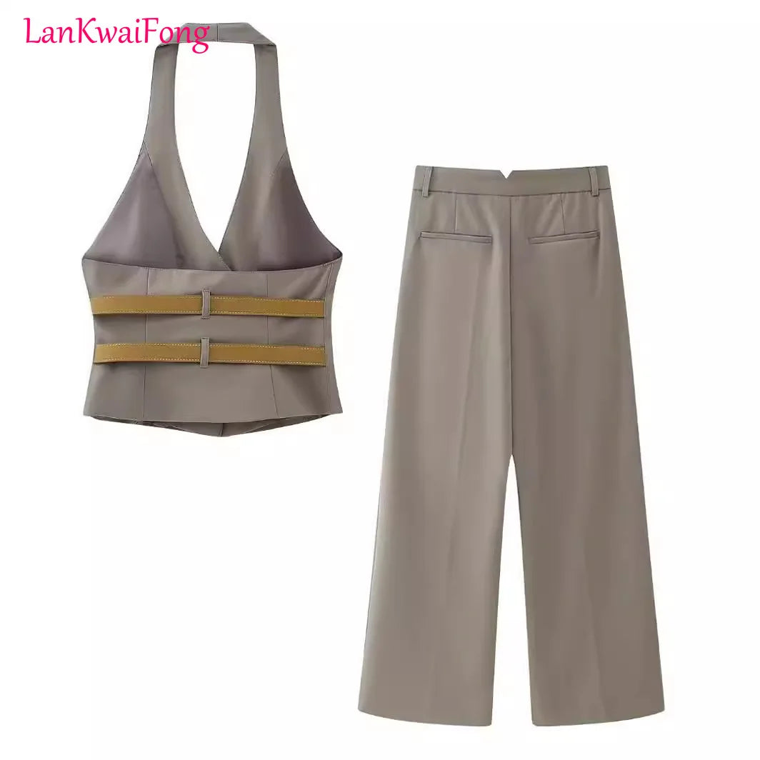 LKF Summer New Fashion Women's Street Style Backless Halter Belt Vest Top + Pants 2-piece Suit for Women
