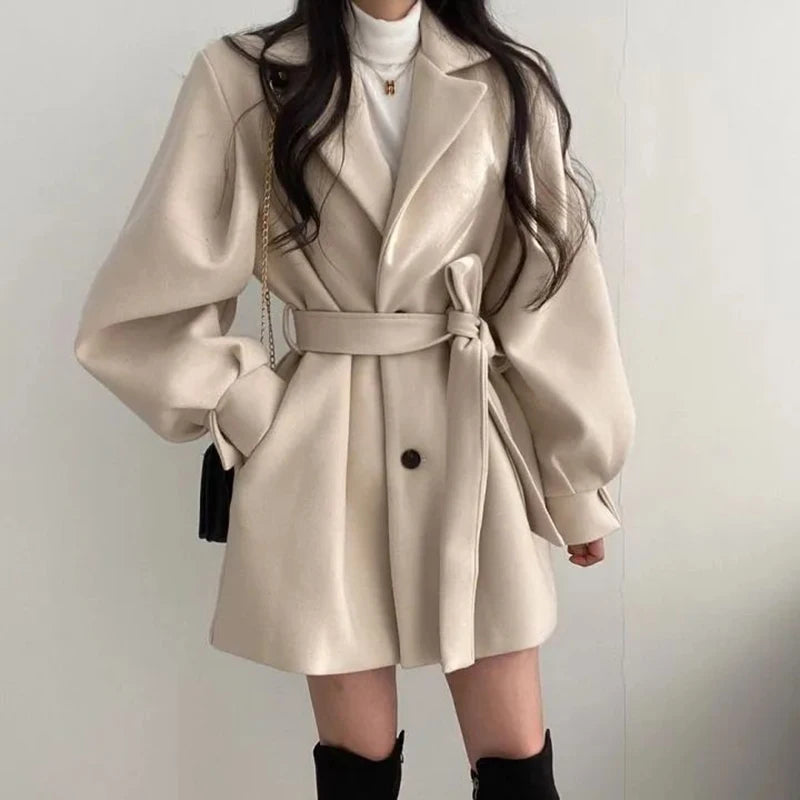 Women Woolen Lace-up Trench Coat With Pockets Turn-down Collar Buttons Long Sleeve TRAF Coat Overcoat Women Fall Winter APRICOT