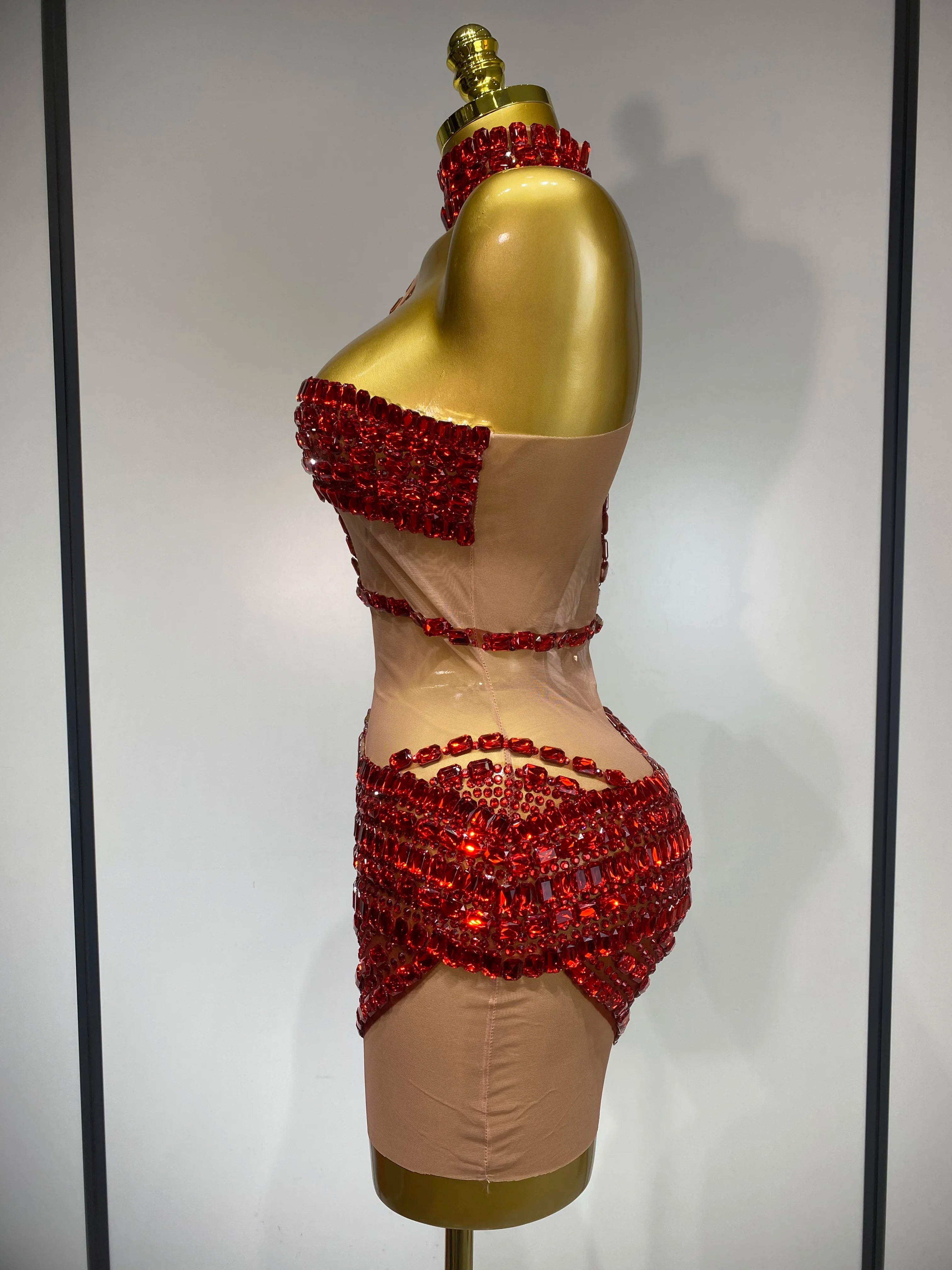 Sparkly Red Rhinestone Mini Dress Womer Sexy Mesh Birthday Wedding Party Prom Gowns Drag Queen Costume Singer Stage Outfit