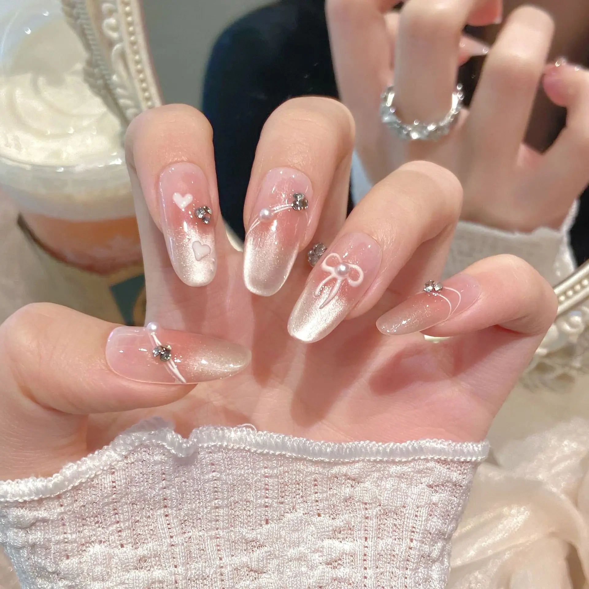 10pcs Bow Design False Nails Sets Wearable Cute Pink Mid-length Oval Handmade Press on Nails Tip with Diamond Press on Nails Art
