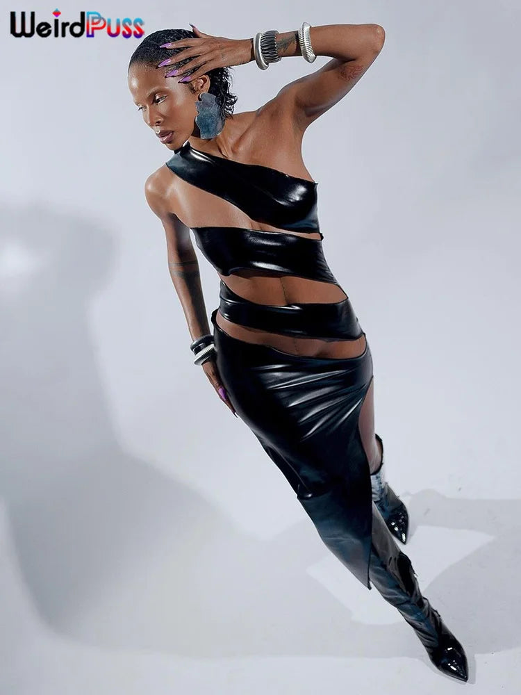 Weird Puss Hollow Faux Leather Dress Women Sexy Coquette Irregular Sleeveless Summer Midnight Bodycon Hipster Stylish Clubwear