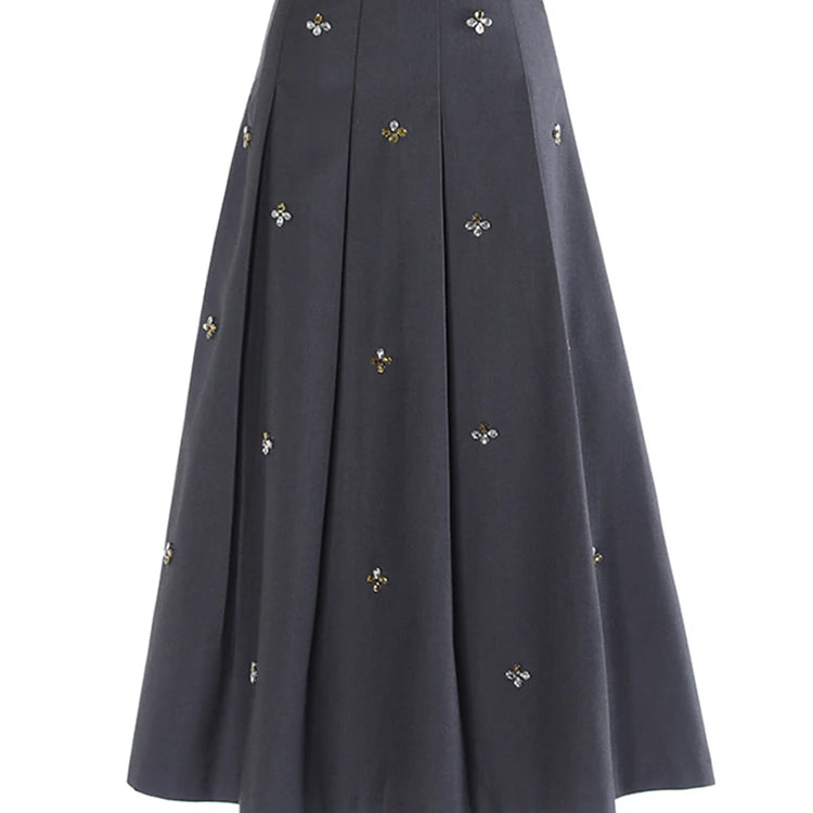 [EAM] High Elastic Black Rhinestones Pleated Elegant A-line Half-body Skirt Women Fashion Tide New Spring Autumn 2025 1DH2565