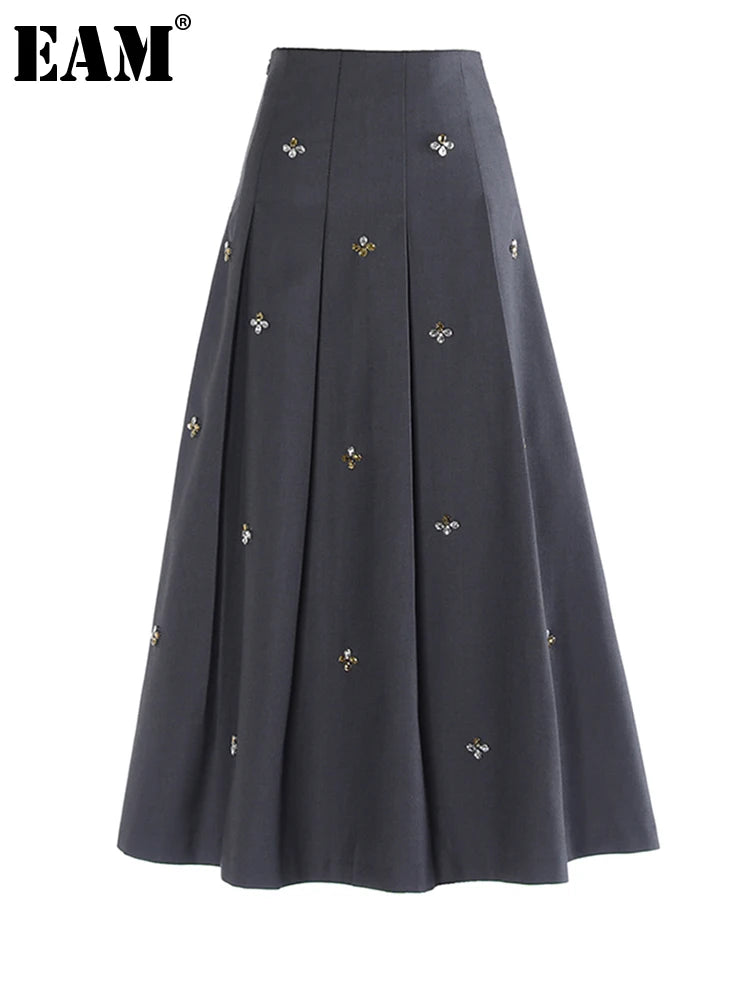 [EAM] High Elastic Black Rhinestones Pleated Elegant A-line Half-body Skirt Women Fashion Tide New Spring Autumn 2025 1DH2565