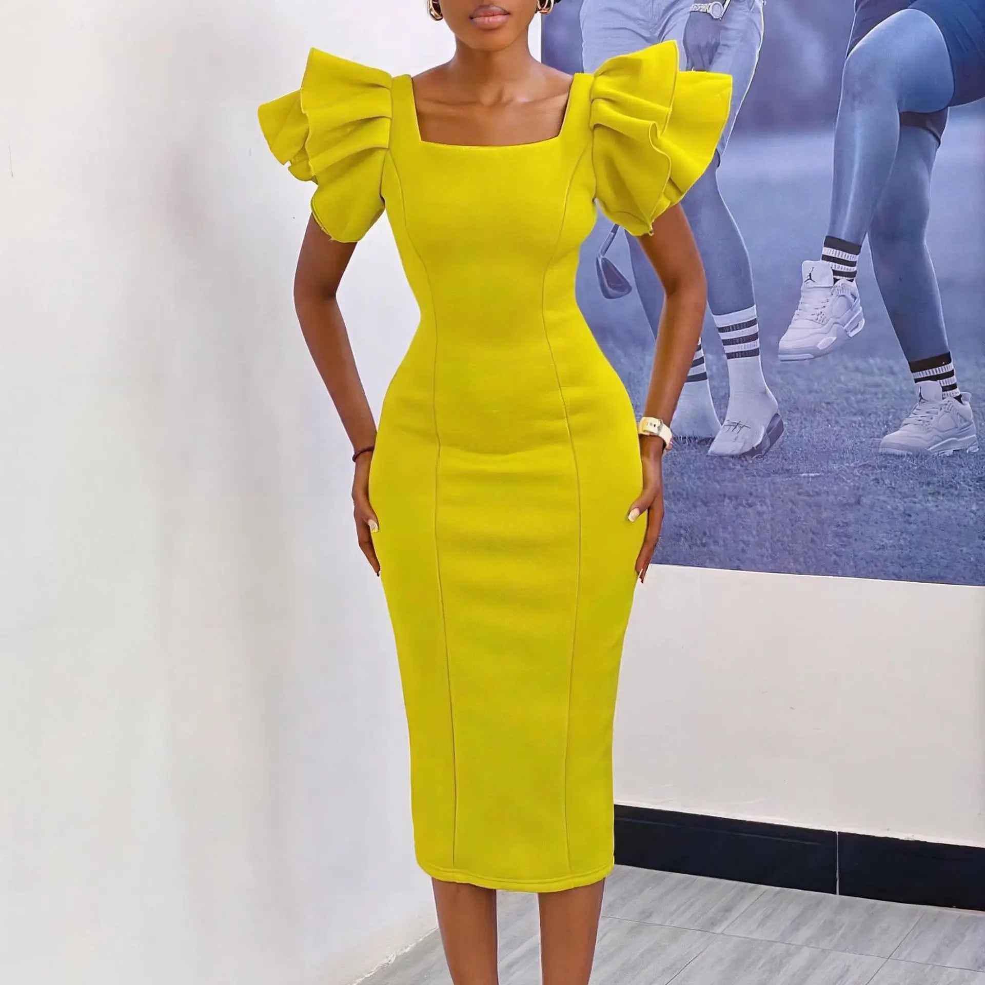 CM.YAYA Women Ruffles Short Sleeve Square Collar Knee Length Dress Street Vestidos Sexy Night Club Party Evening Chic Dresses