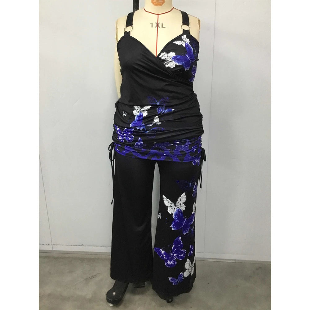 Women Plus Size Matching Set Hollow Out Butterfly Printed Backless Sexy Gothic Punk High Waist Flare Pant and Slim Tank Top Set
