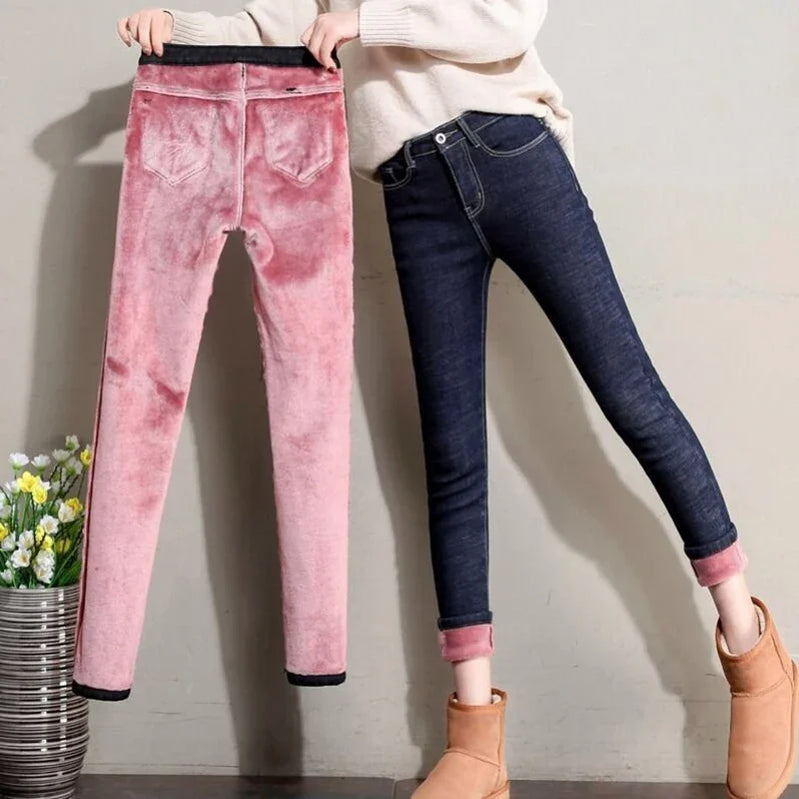 Winter Women`s Fleece Lined Jeans High Waist Thick Comfy Warm Stretchy Denim Pants Trousers For Girls Blue powder