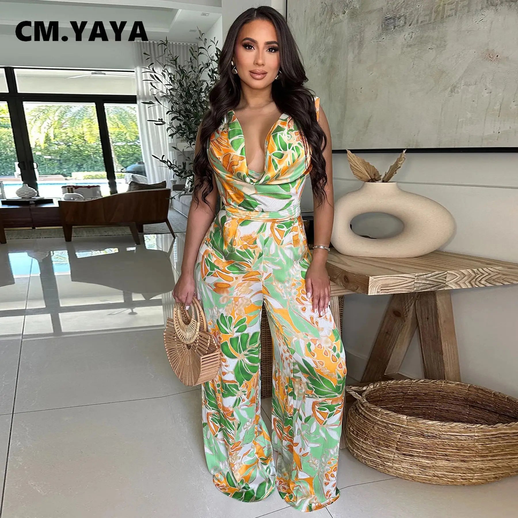 CM.YAYA Leaf Printed Women Wide Leg Pile Neck Sleeveless Satin Jumpsuits 2025 Summer Beach Club Playsuit One Piece Suit Romper