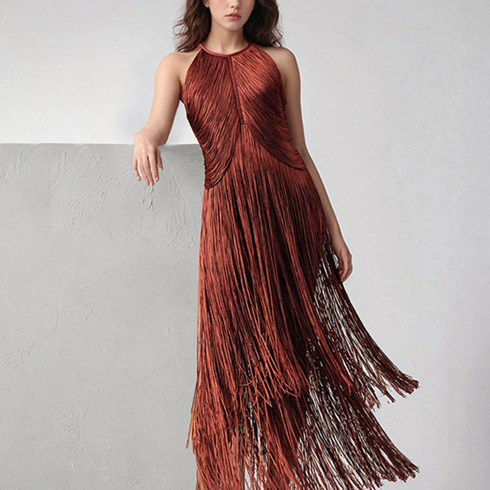 Modphy Sexy Tassel Ankle Bodycon Bandage Long Dress 2025 New Celebrity Elegant Evening Club Luxury Birthday Party Outfit ﻿