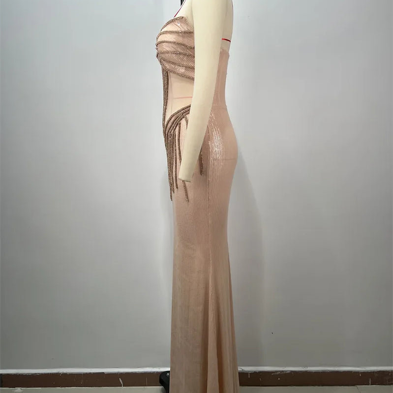 2025 New Shining Sequin Sexy Mesh See Through Strapless Ankle Length Dress Woman Evening Party Dress Celebrity Party Vestido