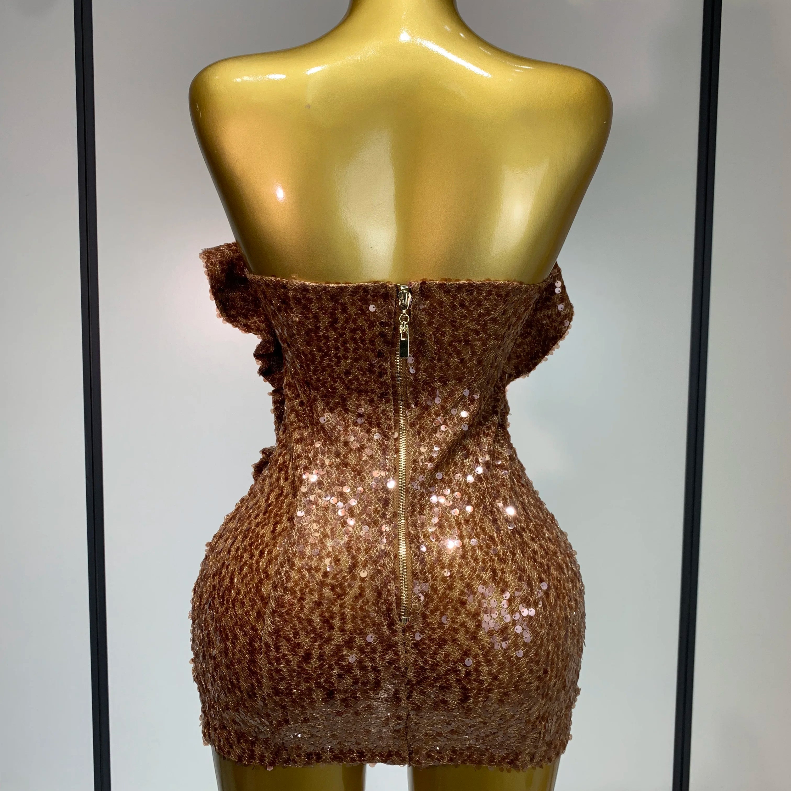 Women Sexy Strapless Backless Brown Sequins Mini Dress 2025 Celebrity Elegant Evening Party Club Luxury Birthday Guest Gown